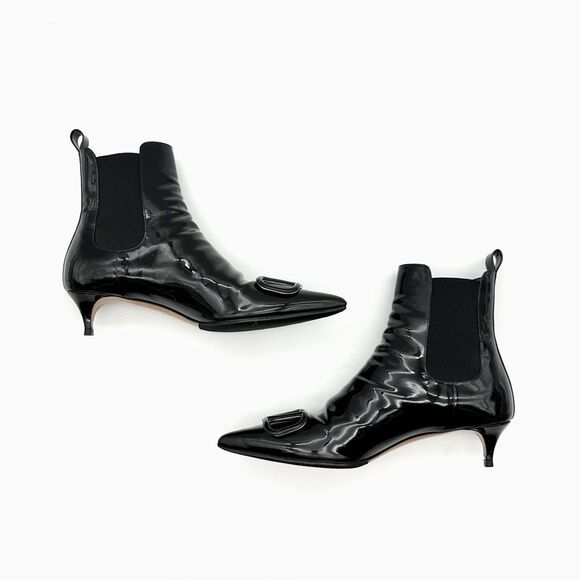 VALENTINO Vlogo Black Patent Leather Boot Size 38 Pointed Toe Kitten Heel Stilet - Picture 4 of 13